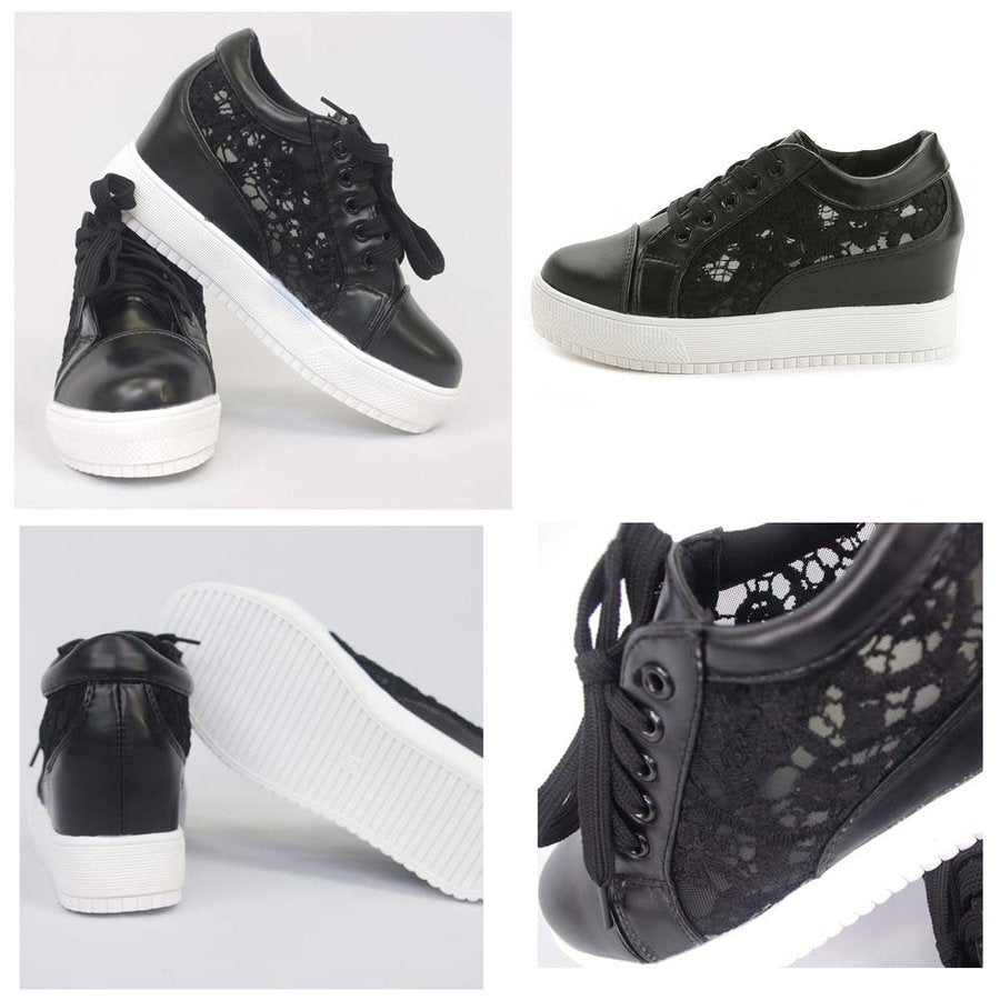インヒールスニーカー レディース レースシースルー切り替え シューズ 厚底 靴 痛くない