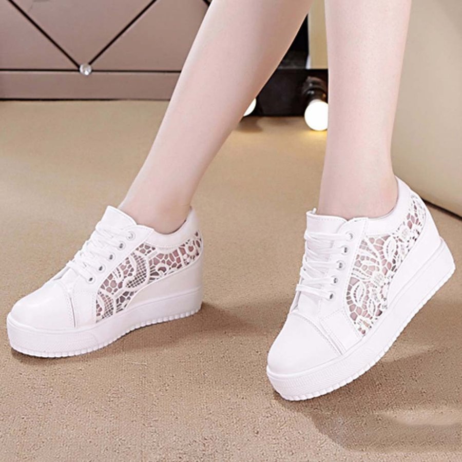 インヒールスニーカー レディース レースシースルー切り替え シューズ 厚底 靴 痛くない